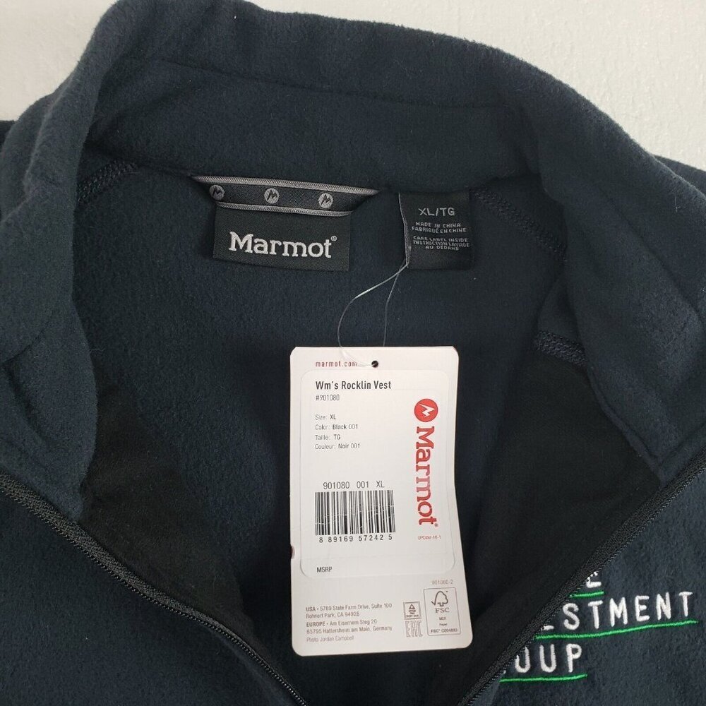 Marmot Rocklin Fleece Vest Womens XL Black Full Zip NEW "Bridge Investment" Logo - Picture 5 of 12